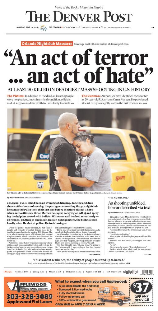 Newspaper front pages reflect Orlando tragedy