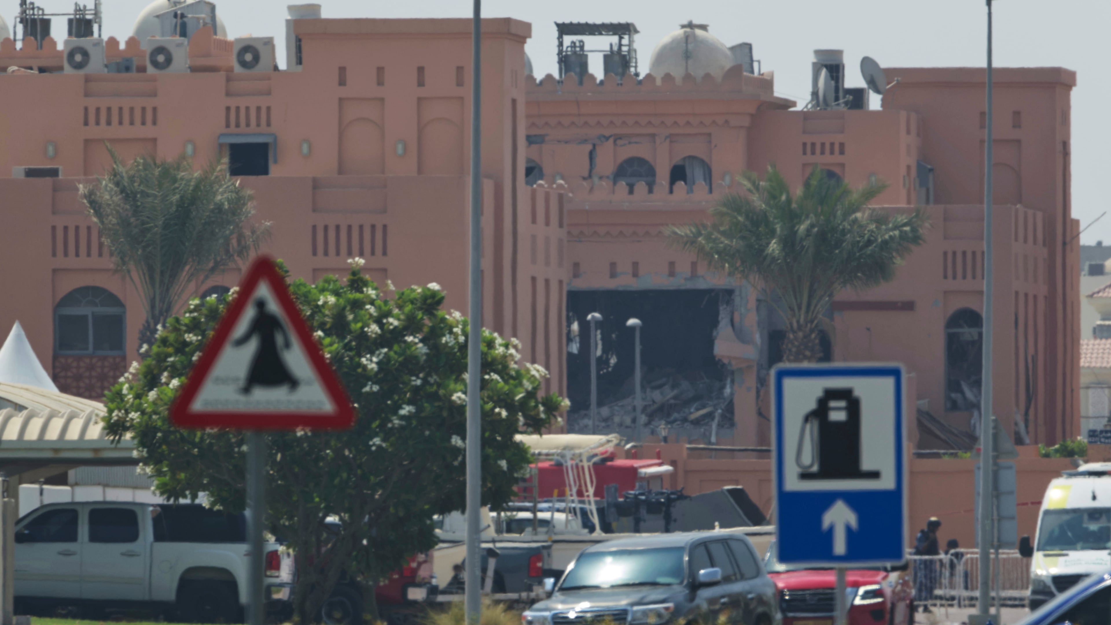 Damage is seen after an Israeli strike targeted a compound that hosted Hamas' political leadership in Doha, Qatar, Wednesday, Sept. 10, 2025. (AP Photo/Jon Gambrell)