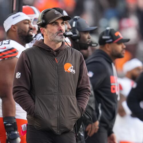 Cleveland Browns head coach Kevin Stefanski walks on the sideline during the second half of an NFL football game against the Cincinnati Bengals, Sunday, Jan. 4, 2026, in Cincinnati. (AP Photo/Jeff Dean)