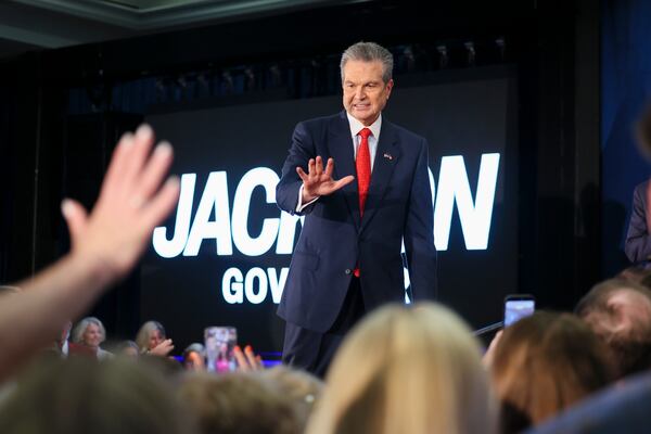 Georgia gubernatorial candidate Rick Jackson greets supporters at his runoff election night watch party Tuesday, June 16, 2026, in Atlanta. (Jason Getz/AJC)
