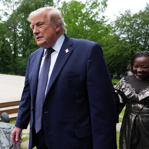 U.S. President Donald Trump walks away after a group photo of leaders at the G7 summit, Tuesday, June 16, 2026, in Evian-les-Bains, France. (AP Photo/Julia Demaree Nikhinson)