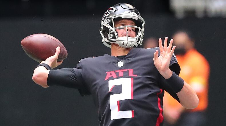 Falcons quarterback Matt Ryan unloads a long touchdown pass to running back Cordarrelle Patterson to take a 10-0 lead over the Washington Football Team during the second quarter Sunday, Oct. 3, 2021, at Mercedes-Benz Stadium in Atlanta. (Curtis Compton / Curtis.Compton@ajc.com)