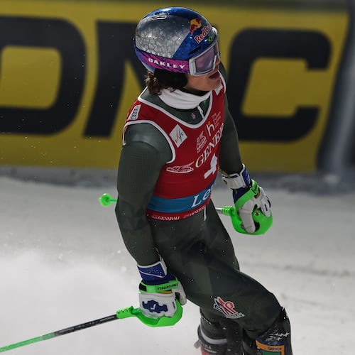Brazil's Lucas Pinheiro Braathen gets to the finish area after completing an alpine ski, men's World Cup slalom, in Levi, Finland, Sunday, Nov. 16, 2025. (AP Photo/Marco Trovati)