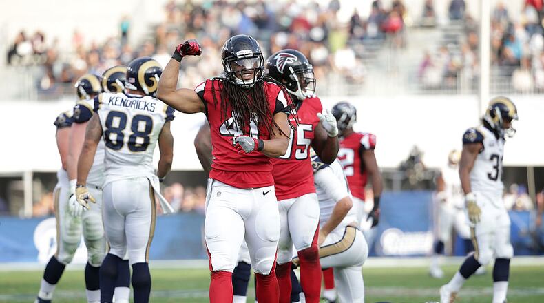 Philip Wheeler #41 of the Atlanta Falcons celebrates a sack against the Los Angeles Rams in the third quarter at Los Angeles Memorial Coliseum on December 11, 2016 in Los Angeles, California. The Falcons defeated the Rams 42-14. (Photo by Jeff Gross/Getty Images)