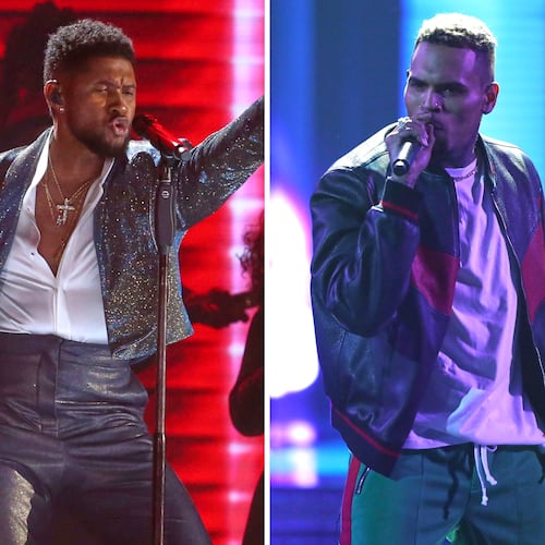 Usher performs during a Prince tribute at the 62nd annual Grammy Awards in Los Angeles on Jan. 26, 2020, left, and Chris Brown performs at the BET Awards in Los Angeles on June 25, 2017. (AP Photo)