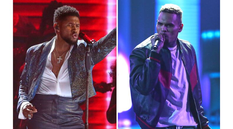 Usher performs during a Prince tribute at the 62nd annual Grammy Awards in Los Angeles on Jan. 26, 2020, left, and Chris Brown performs at the BET Awards in Los Angeles on June 25, 2017. (AP Photo)