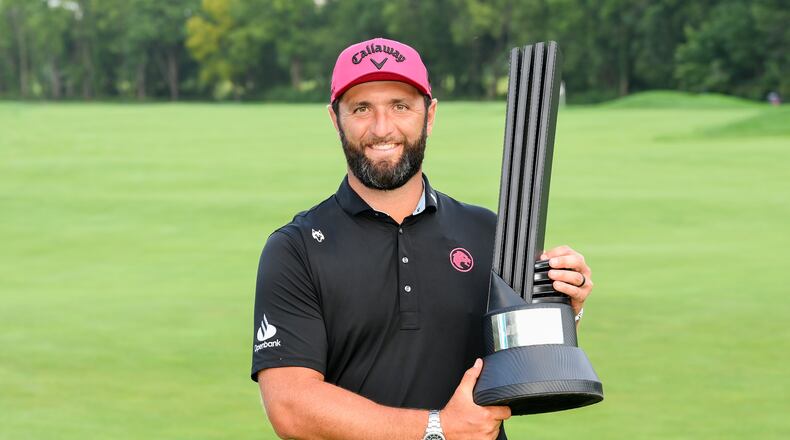 LIV Golf season-long champion captain Jon Rahm, of Legion XIII, poses with the trophy after the final round of LIV Golf Indianapolis, Sunday, Aug. 23, 2026, in Westfield, Ind. (Montana Pritchard/LIV Golf via AP)