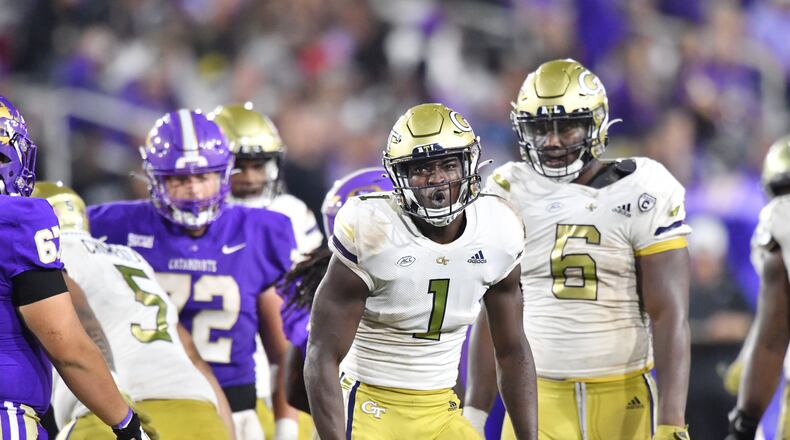 Georgia Tech linebacker Charlie Thomas (1) reacts during the second half against Western Carolina. Georgia Tech won 35-17. (Hyosub Shin / Hyosub.Shin@ajc.com)