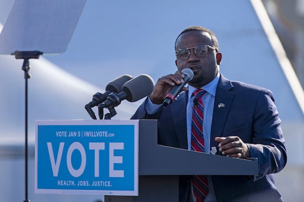 01/04/2021 — Atlanta, Georgia — Georgia Public Service Commission Democrat candidate Daniel Blackman makes remarks during a Georgia Democrat U.S. Senate campaign rally in Atlanta’s Peoplestown neighborhood, Monday, January 4, 2021. (Alyssa Pointer / Alyssa.Pointer@ajc.com)