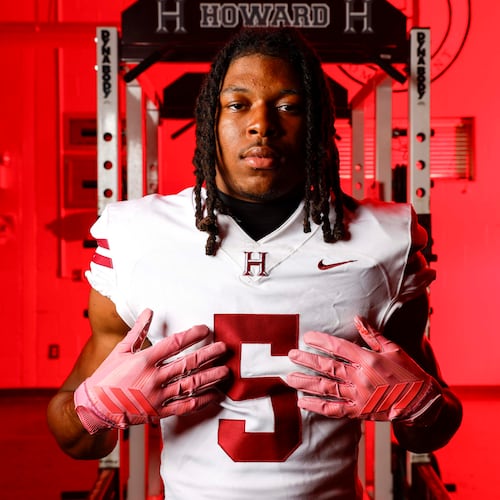 Ta’Shawn Poole poses for a portrait at Howard High in Macon in July. Poole had six touchdown receptions in a victory over Baldwin on Sept. 18, 2026. (Miguel Martinez/AJC)