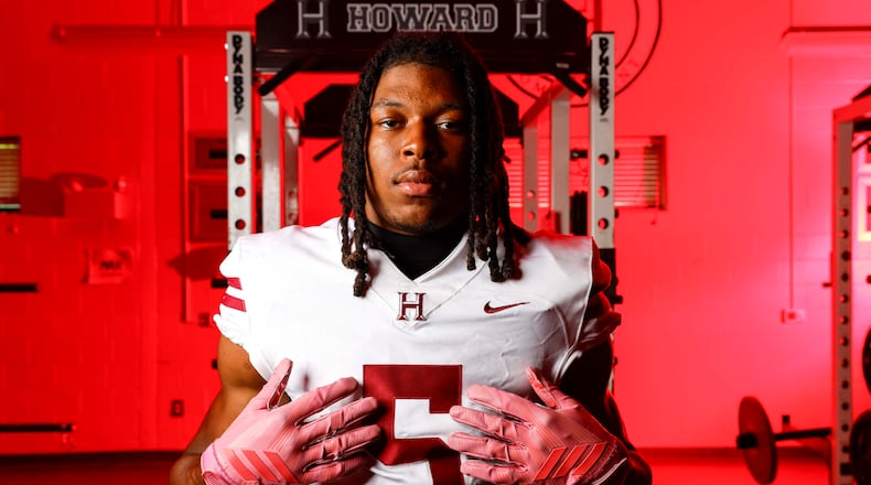 Ta’Shawn Poole poses for a portrait at Howard High in Macon in July. Poole had six touchdown receptions in a victory over Baldwin on Sept. 18, 2026. (Miguel Martinez/AJC)