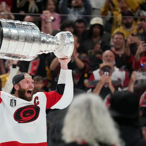 FILE - Carolina Hurricanes center Jordan Staal celebrates after a win over the Vegas Golden Knights in Game 6 of the NHL hockey Stanley Cup Final series June 14, 2026, in Las Vegas. (AP Photo/John Locher, File)