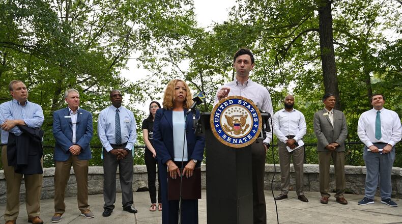 U.S. Rep. Lucy McBath and U.S. Sen. Jon Ossoff answer to questions during an event that intended to educate members of the public about implementation of the Chattahoochee River Act at Jones Bridge Park, Thursday, August 3, 2023, in Peachtree Corners. The Chattahoochee River Act was sponsored by Rep. Lucy McBath and Sen. Jon Ossoff in the House and Senate. (Hyosub Shin / Hyosub.Shin@ajc.com)