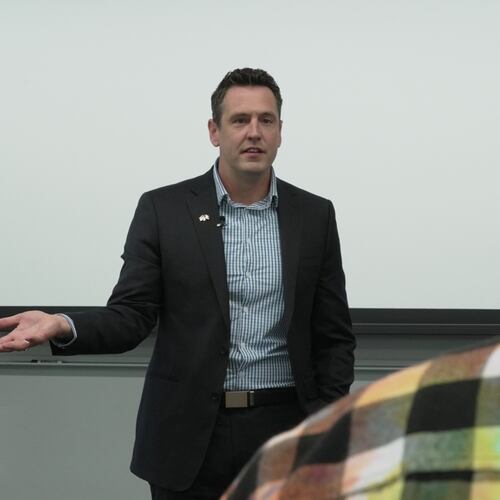 Zach Lahn, Republican candidate for Iowa governor, speaks to an environmental studies class at Drake University on Wednesday, May 6, 2026 in Des Moines, Iowa. (AP Photo/Brittany Peterson)