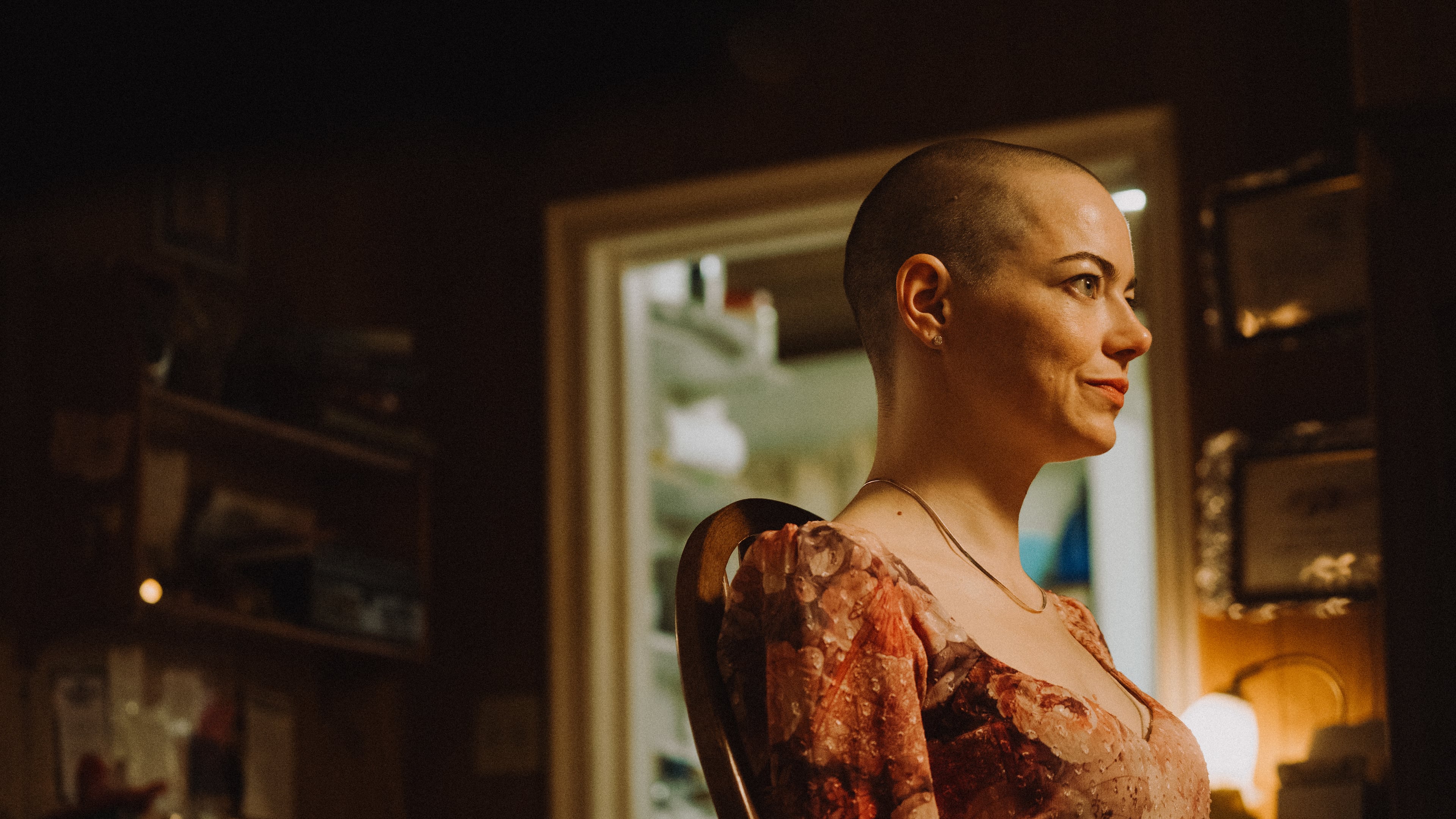 This image released by Focus Features shows Emma Stone in a scene from "Bugonia." (Atsushi Nishijima/Focus Features via AP)