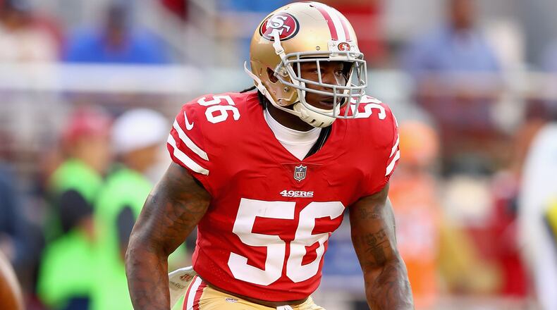 San Francisco linebacker Reuben Foster warms up before a game against the Denver Broncos Aug. 19, 2017, at Levi's Stadium in Santa Clara, Calif.