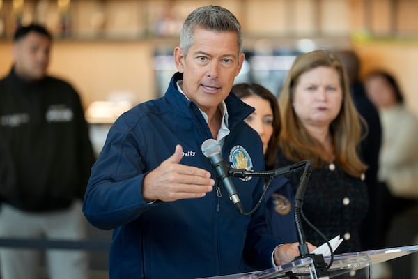 U.S. Transportation Secretary Sean Duffy speaks during a news conference at LaGuardia Airport in March. (Seth Wenig/AP)