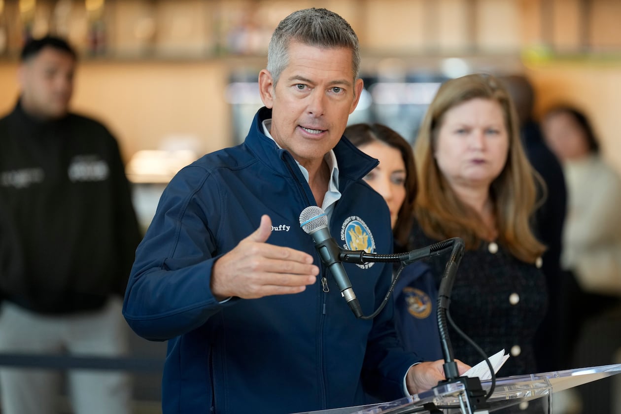 In this file photo, U.S. Department of Transportation Secretary Sean Duffy speaks during a news conference at LaGuardia Airport in March. “Every American should be disturbed by the horrific crimes we have seen on MARTA in the last month,” Duffy said in a recent statement. (Seth Wenig/AP)