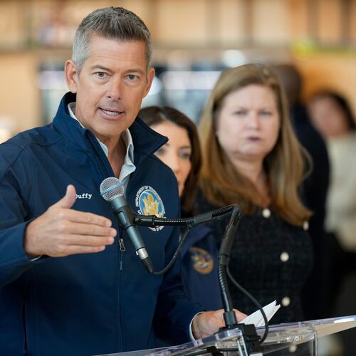 U.S. Department of Transportation Secretary Sean Duffy speaks during a news conference at LaGuardia Airport in March. “Every American should be disturbed by the horrific crimes we have seen on MARTA in the last month,” Duffy said in a statement. (Seth Wenig/AP)