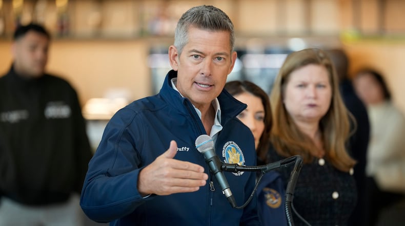 U.S. Department of Transportation Secretary Sean Duffy speaks during a news conference at LaGuardia Airport in March. “Every American should be disturbed by the horrific crimes we have seen on MARTA in the last month,” Duffy said in a statement. (Seth Wenig/AP)