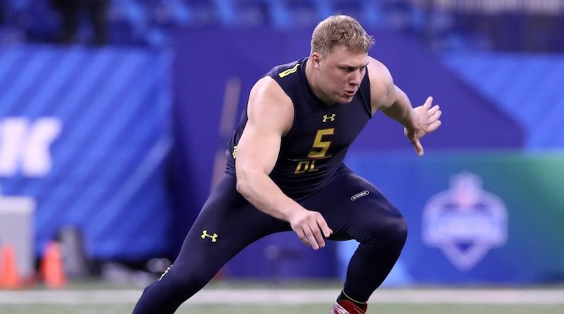 Utah tackle Garett Bolles working out at the combine. Utah. (Associated Press)