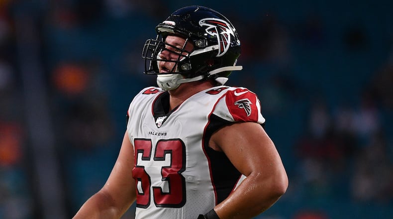 Chris Lindstrom #63 of the Atlanta Falcons lines up in the first quarter during a preseason game against the Miami Dolphins at Hard Rock Stadium on August 8, 2019 in Miami, Florida. (Photo by Mark Brown/Getty Images)