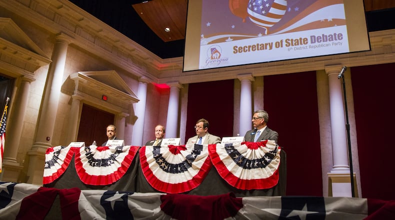 Republican candidates for Georgia Secretary of State debate at Lassiter High School in Marietta, Georgia, on Monday, April 9, 2018. (REANN HUBER/REANN.HUBER@AJC.COM)