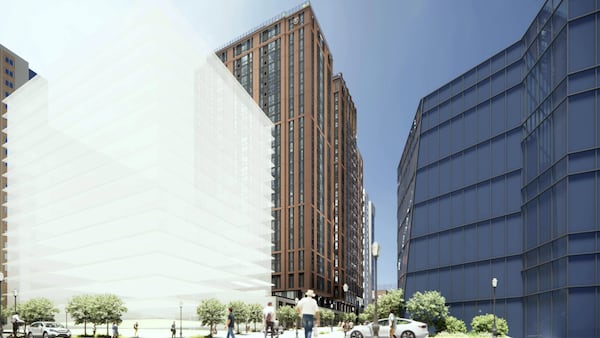 This is a rendering of a proposed student-focused residential tower slated for the Cheetah Lounge site in Midtown. (Courtesy of Core Spaces)