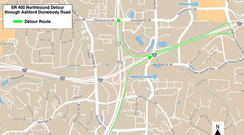 Map depicts the recommended detour in the top-end Perimeter area when all lanes of northbound Ga. 400 are closed at I-285 for bridge work. GEORGIA DEPARTMENT OF TRANSPORTATION