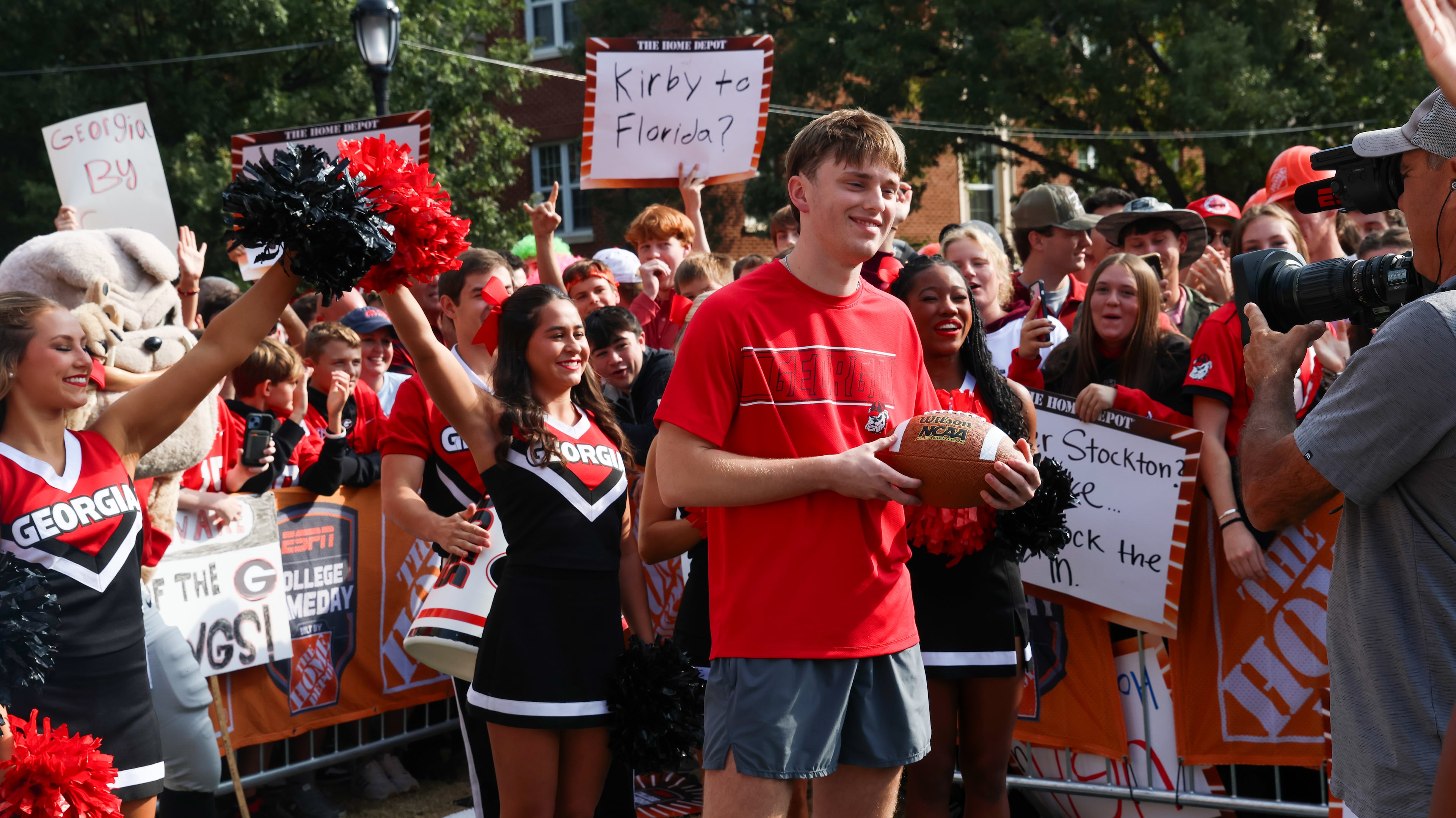 Ben Guymon looks into the camera before competing for $400,000 during Pat McAfee’s Kicking Contest during the ESPN College GameDay broadcast from Myers Quad at UGA on Saturday, October 18, 2025. Guymon missed on his first try but made a second kick during the commercial break to win $100,000. (C.J. Bartunek for The Atlanta Journal-Constitution)