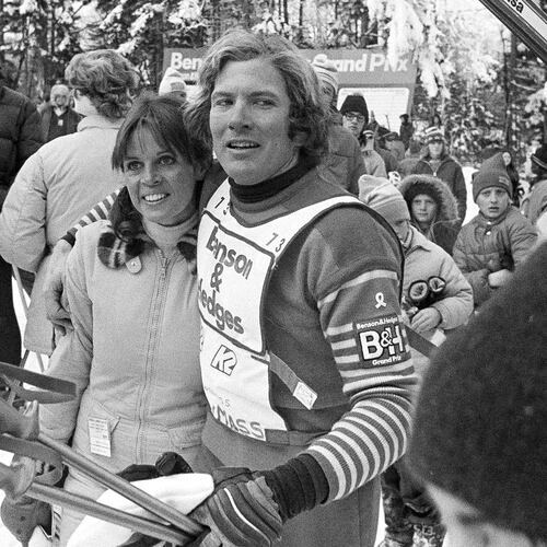 FILE - Claudine Longet and Vladimir "Spider" Sabich, right, appear at the Benson and Hedges Slalom Classic ski meet at Mount Snow in West Dover, Vt., on Jan. 6, 1974. (AP Photo/J. Walter Green, File)