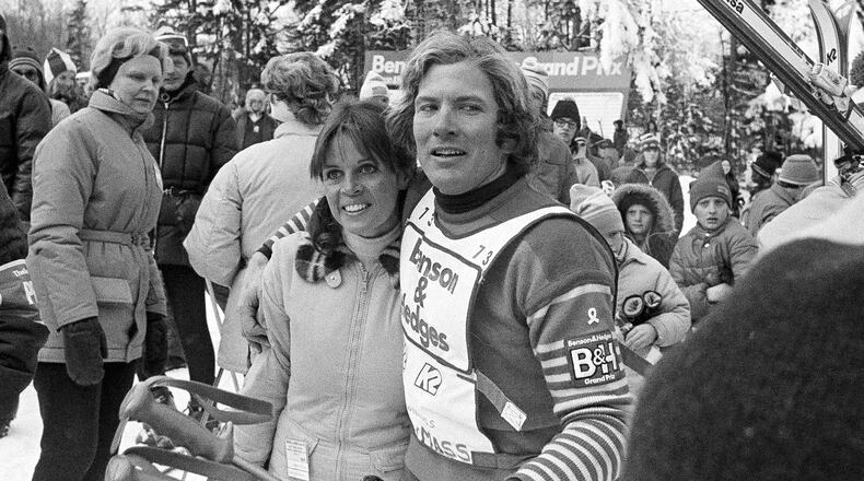 FILE - Claudine Longet and Vladimir "Spider" Sabich, right, appear at the Benson and Hedges Slalom Classic ski meet at Mount Snow in West Dover, Vt., on Jan. 6, 1974. (AP Photo/J. Walter Green, File)