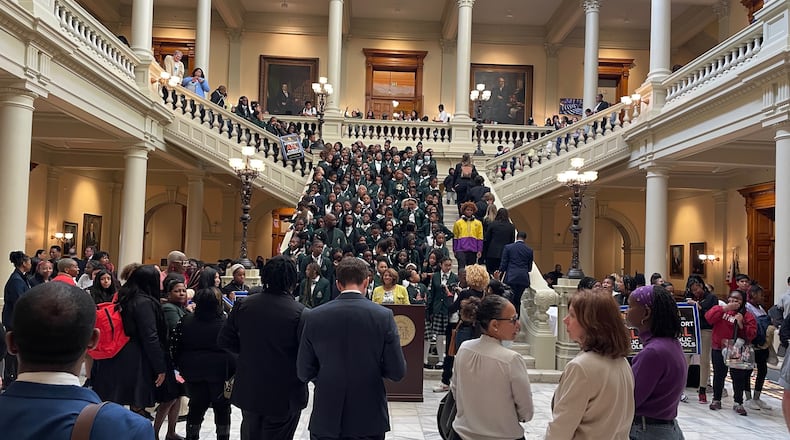 Students arrive at the Georgia Gold Dome on Thursday, Feb. 22, 2024, to meet with lawmakers and promote charter schools and school choice. (AJC 2024)