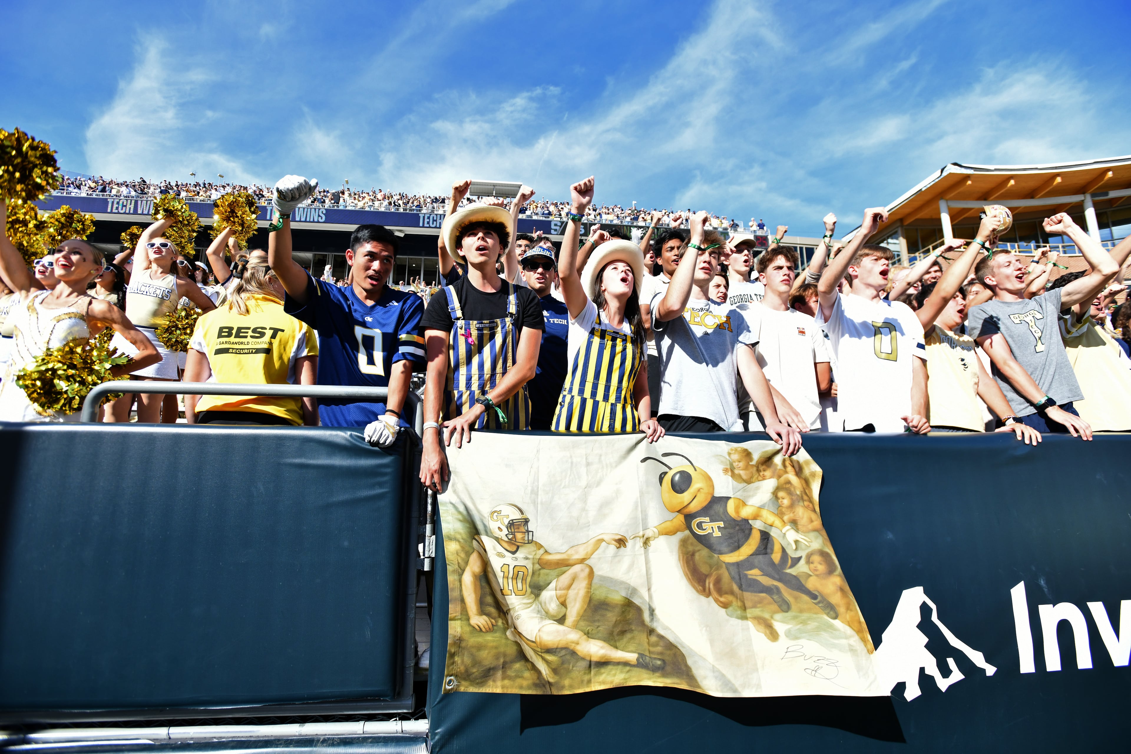 Georgia Tech fans celebrate after Georgia Tech beat Syracuse during an NCAA college football game at Bobby Dodd Stadium, Saturday, Oct. 25, 2025 in Atlanta. Georgia Tech won 41-16 over Syracuse. The Yellow Jackets are 8-0 for the first time since 1966 and 5-0 in the ACC for the first time ever. (Hyosub Shin/AJC)