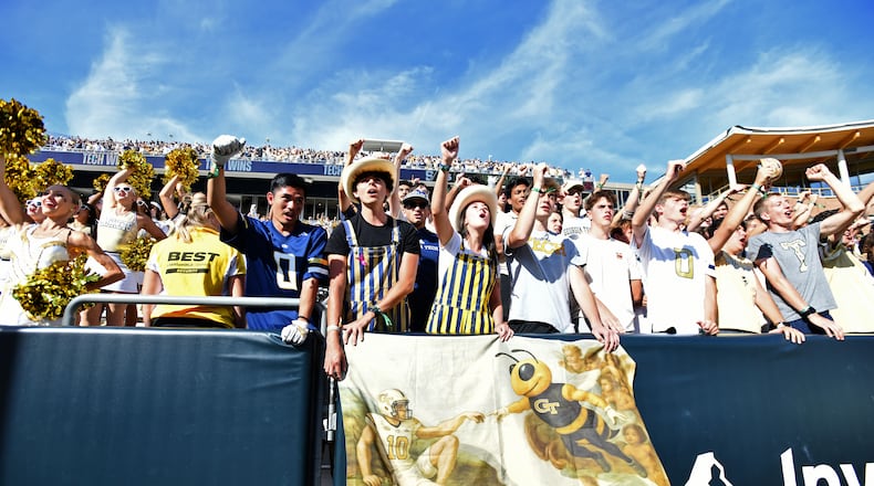 Georgia Tech fans celebrate after Georgia Tech beat Syracuse during an NCAA college football game at Bobby Dodd Stadium, Saturday, October 25, 2025, in Atlanta. Georgia Tech won 41-16 over Syracuse. (Hyosub Shin/AJC)
