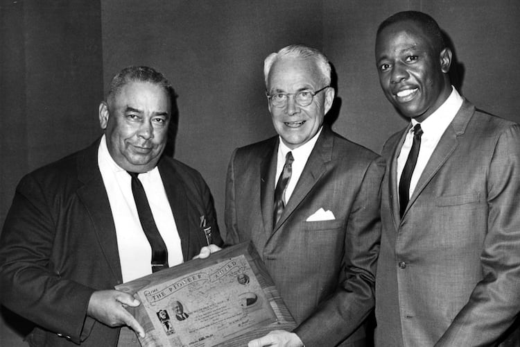 Mayor Ivan Allen Jr. (center) is presented with the Pioneer Award by the 100% Wrong Club and its president, Al Thompson (left), as Braves great Hank Aaron looks on. Allen ran for mayor of Atlanta on the promise he would bring big league sports to the city, guest columnist Bob Hope writes. (Bob Dendy/AJC 1967)