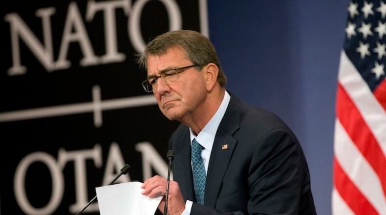 U.S. Secretary of Defense Ash Carter listens to questions during a media conference after a meeting of NATO defense ministers at NATO headquarters in Brussels on Wednesday, June 15, 2016. NATO concluded a two-day meeting on Wednesday with discussions on the situation in Afghanistan and Ukraine. (AP Photo/Virginia Mayo)