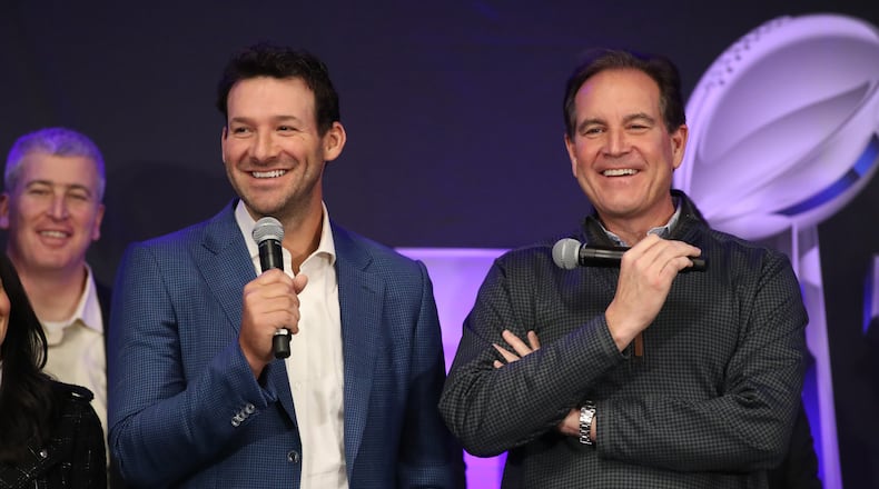 Tony Romo (left) and Jim Nantz will call Super Bowl 53 in Atlanta for CBS.
