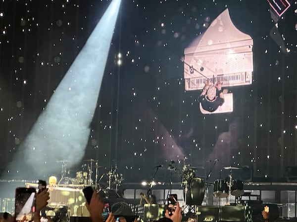Dexter Holland honored an old friend with a piano-driven rendition of The Offspring's 1997 hit "Gone Away" at Ameris Bank Amphitheatre in Alpharetta on July 15, 2025. (Rodney Ho/AJC)