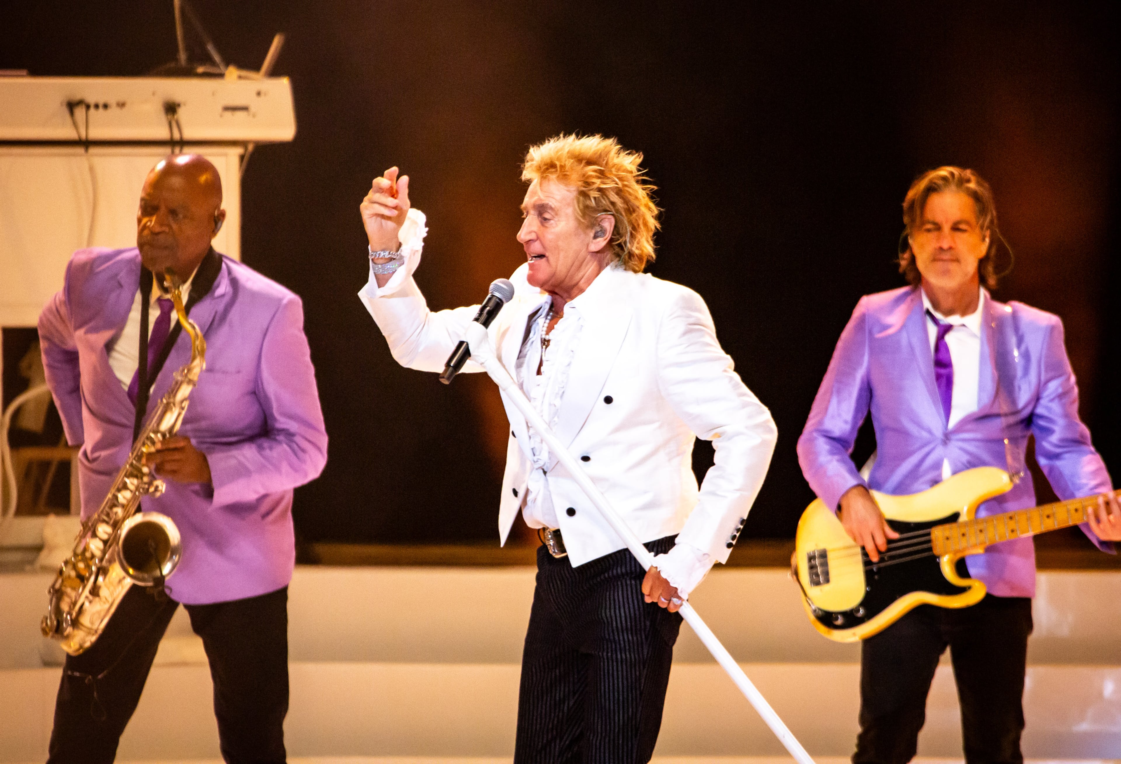 A good chunk of Rod Stewart’s show was dedicated to honoring his musician friends such as Tina Turner, Ozzy Osbourne and Christine McVie. (Ryan Fleisher for the AJC)