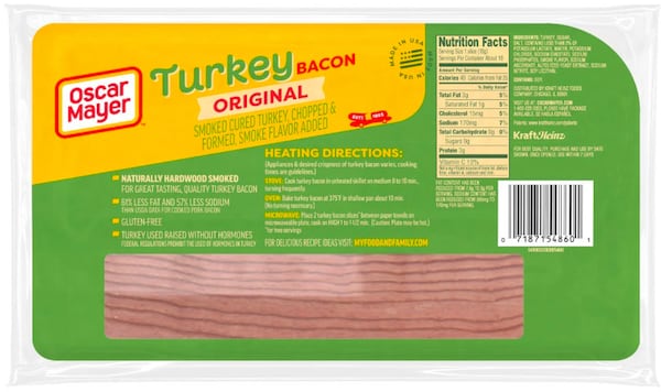 This image provided by the USDA on Wednesday, July 2, 2025, shows the packaging of recalled Oscar Mayer turkey bacon. (USDA via AP)