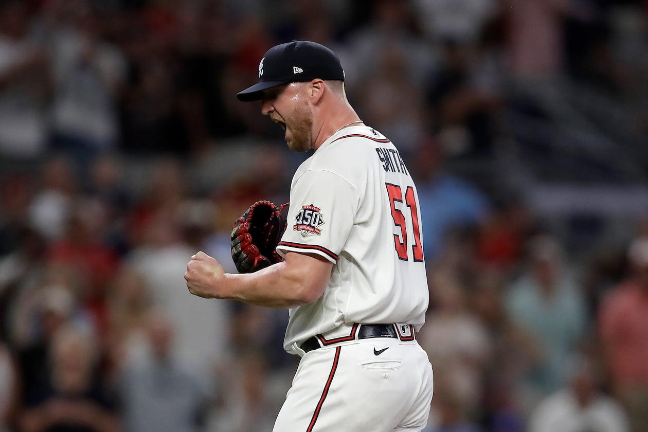Braves pitcher Will Smith reacts as the final out is made against the St. Louis Cardinals in the seventh inning of the second game of a doubleheader Sunday, June 20, 2021, at Truist Park in Atlanta. (Ben Margot/AP)
