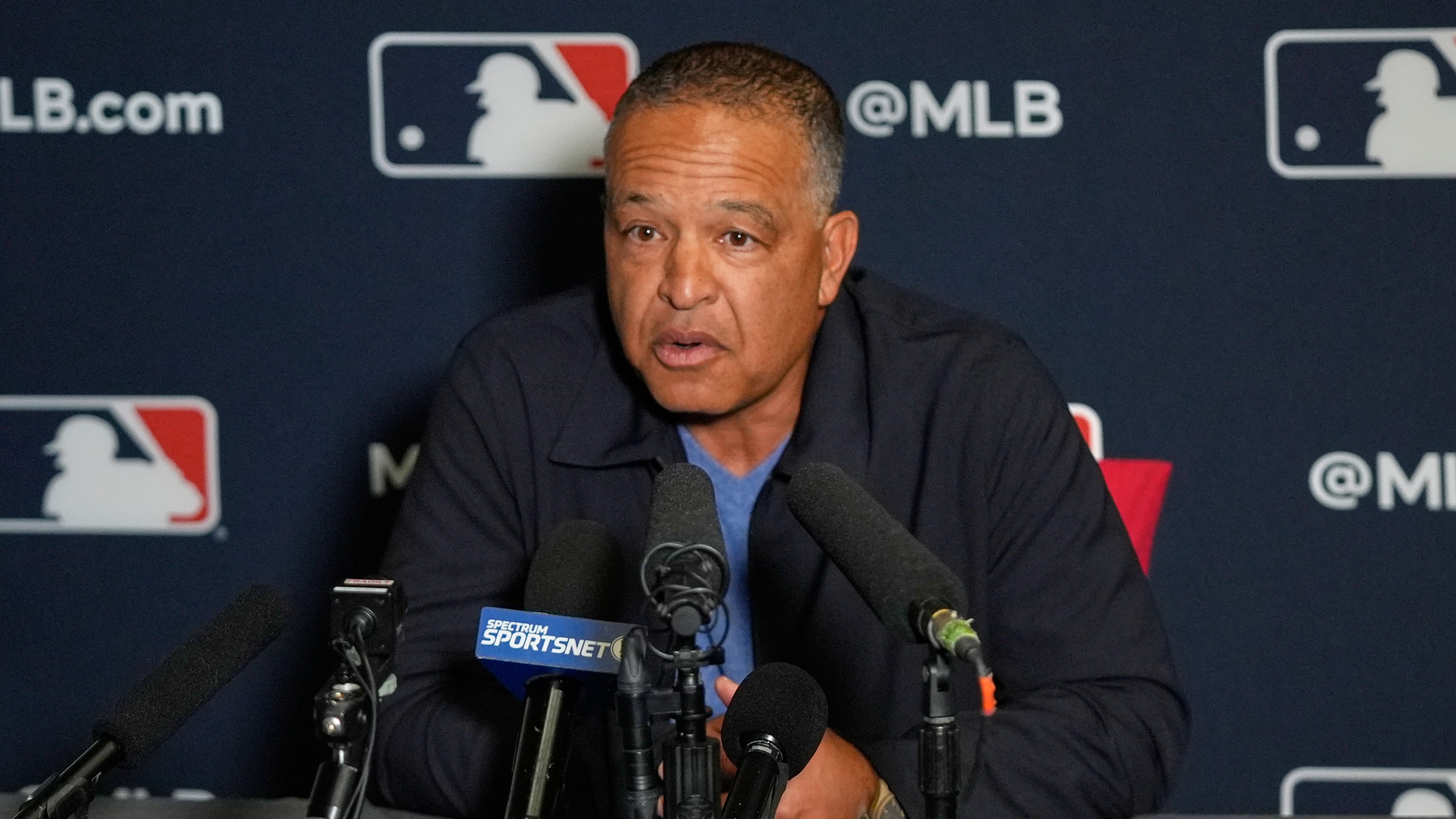 Dave Roberts, manager of the Los Angeles Dodgers, answers questions during a news conference at the MLB winter meetings, Monday, Dec. 8, 2025, in Orlando, Fla. (AP Photo/John Raoux)