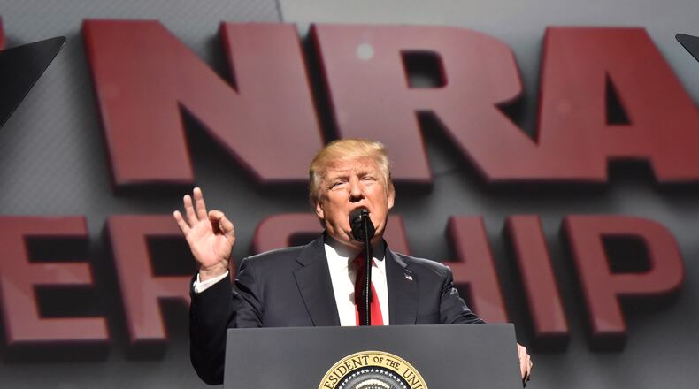April 29, 2017 Atlanta - President Donald Trump speeks during NRA-ILA Leadership Forum at Georgia World Congress Center on Friday, April 29, 2017. NRA-ILA Leadership Forum with keynote speaker President Donald J. Trump Guest Speakers. HYOSUB SHIN / HSHIN@AJC.COM