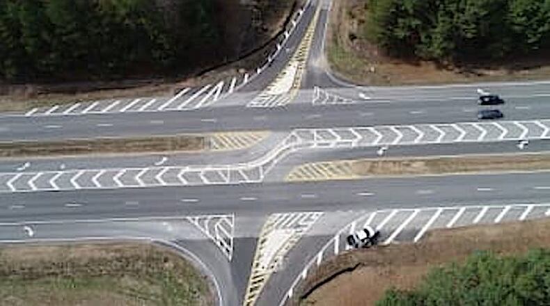 Sketch shows proposed reduced conflict U-turn (R-CUT) from Harry McCarty Road onto State Route 316. (Courtesy GDOT)