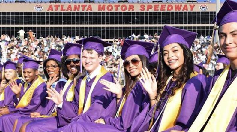 A scene from a 2020 high school graduation at Atlanta Motor Speedway.