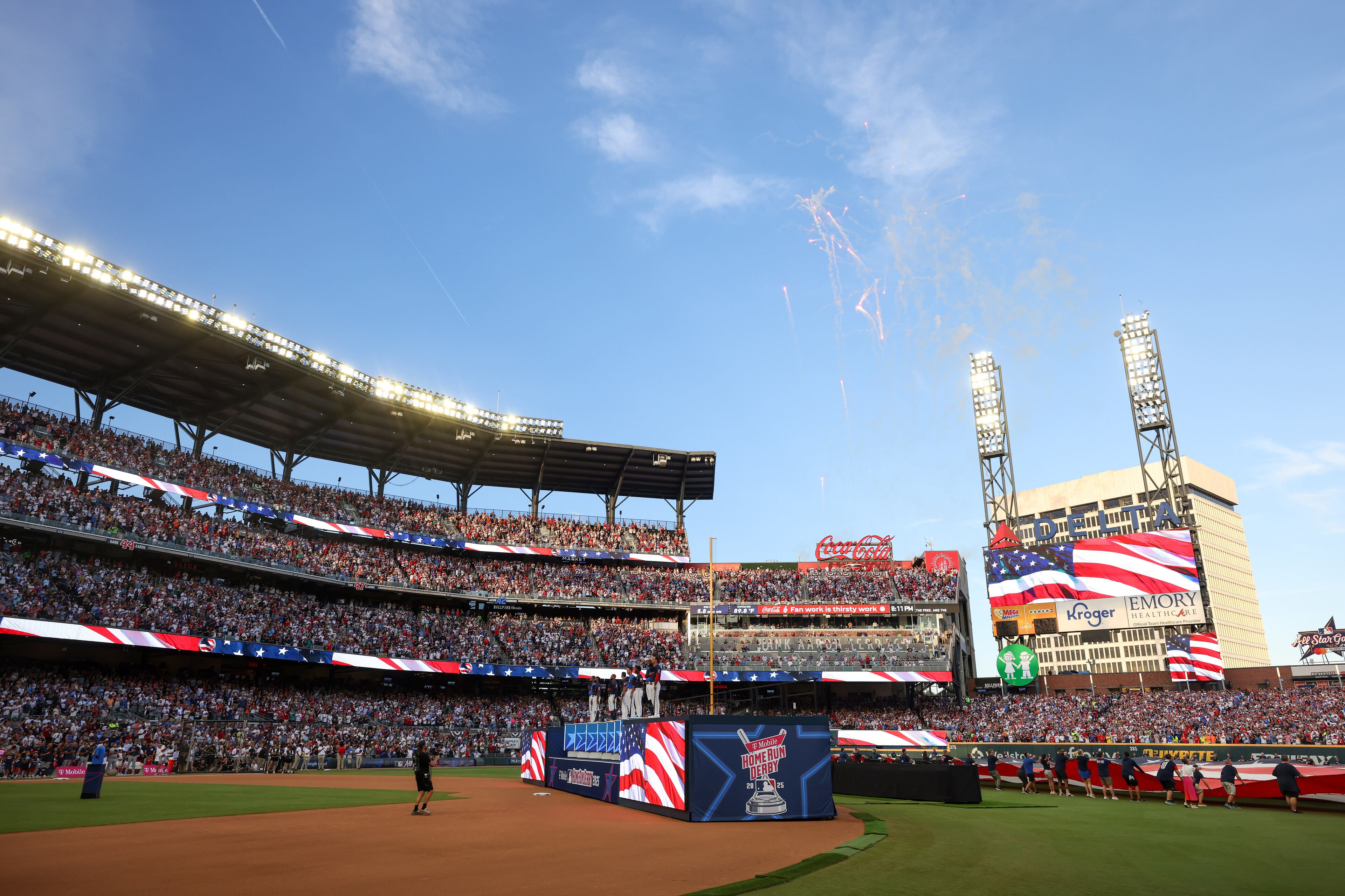 Fireworks depart from the outfield during pre-game festivities for the MLB Home Run Derby as part of the All-Star Game festivities on Monday, July 14, 2025 at Truist Park in Atlanta. Jason Getz / AJC