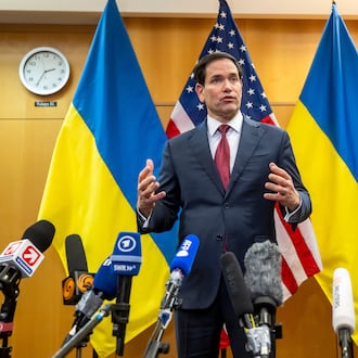 U.S. Secretary of State Marco Rubio talks to the press at the U.S. Mission to International Organizations in Geneva, Switzerland, Sunday, Nov. 23, 2025. (Martial Trezzini/Keystone via AP)