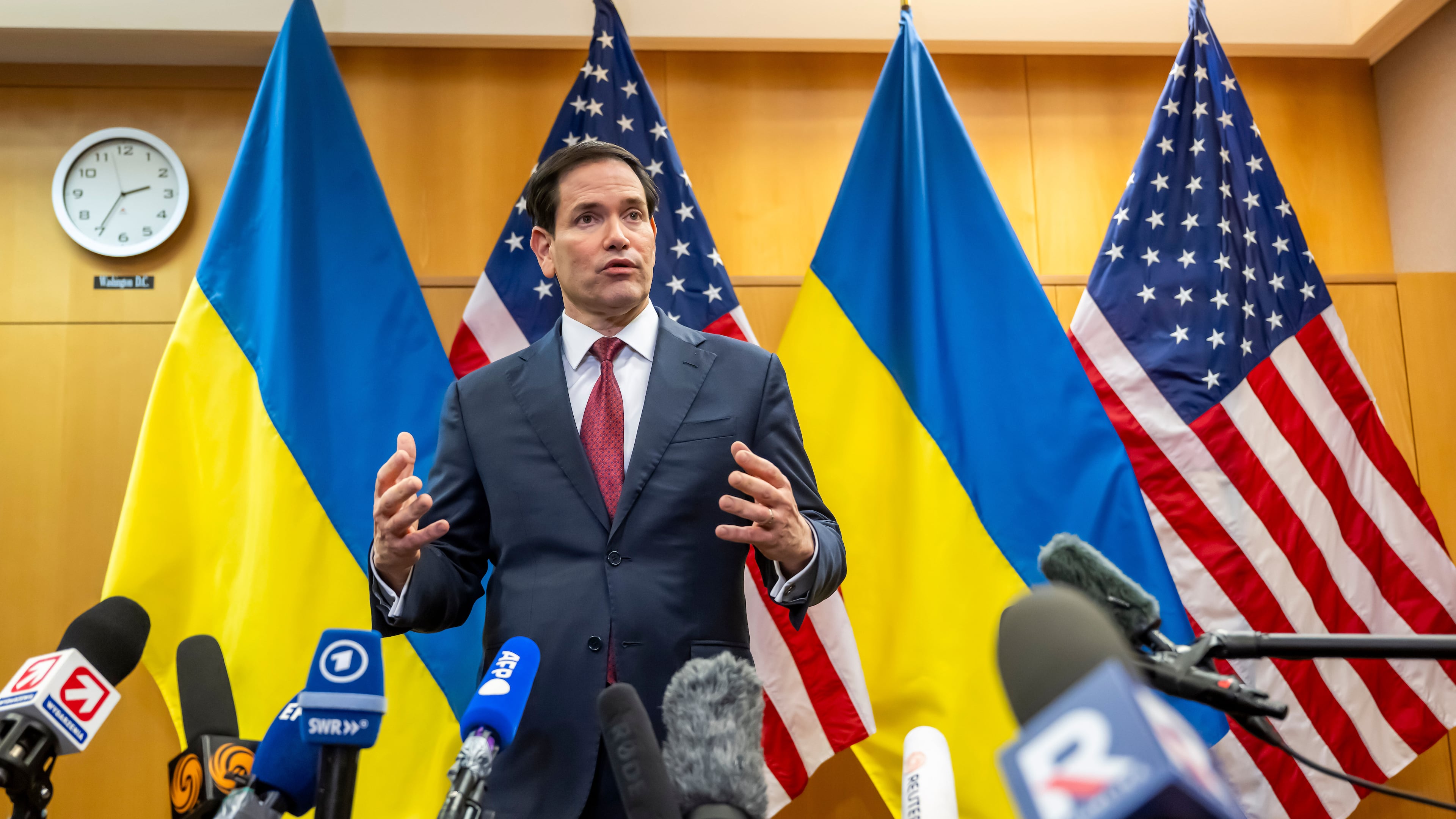 U.S. Secretary of State Marco Rubio talks to the press at the U.S. Mission to International Organizations in Geneva, Switzerland, Sunday, Nov. 23, 2025. (Martial Trezzini/Keystone via AP)