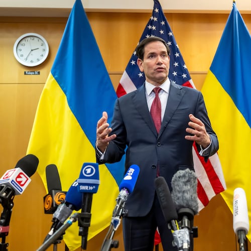 U.S. Secretary of State Marco Rubio talks to the press at the U.S. Mission to International Organizations in Geneva, Switzerland, Sunday, Nov. 23, 2025. (Martial Trezzini/Keystone via AP)
